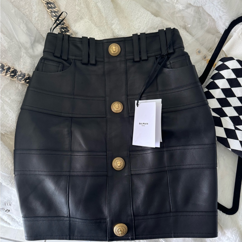 Balmain lamb leather paneled skirt w gold buttons